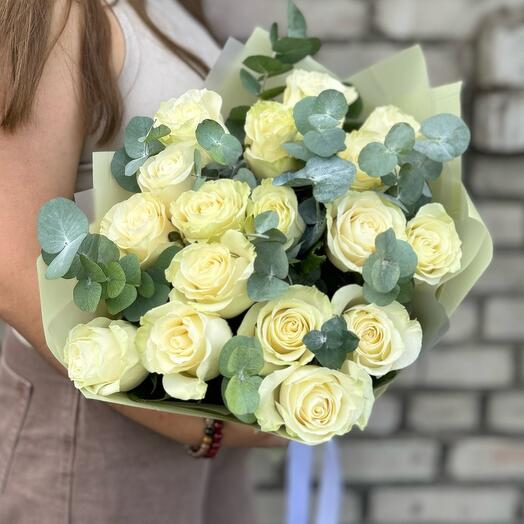 White roses with eucalyptus