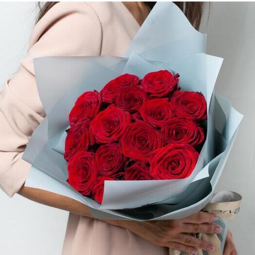 Букет живых цветов из бордовых / красных роз 15 шт. (40 см) Красивый букет цветов / Букет роз