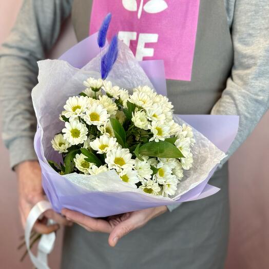 Monobucket of white chamomile santini in a lilac package