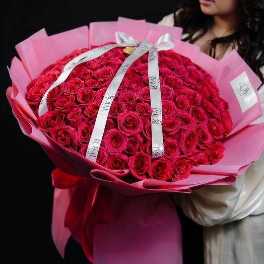 Fragrant bouquet of 101 raspberry roses