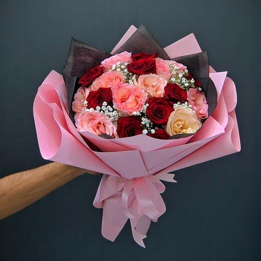 Danoura – Romantic Red   Pink Rose Bouquet with Gypsophila