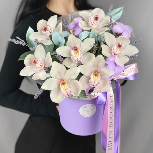 Цветы в коробке из орхидей 💜"Ароматная лаванда"💜 228 Милин Букет