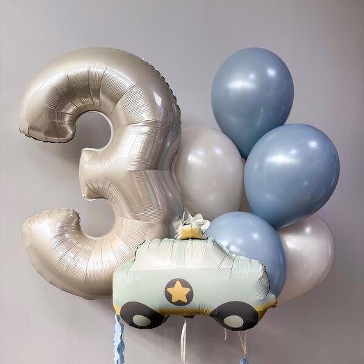 Набор шаров для мальчика с полицейской машинкой, цифрой 3 и фонтаном в ретро-голубой гамме в Новороссийске 647