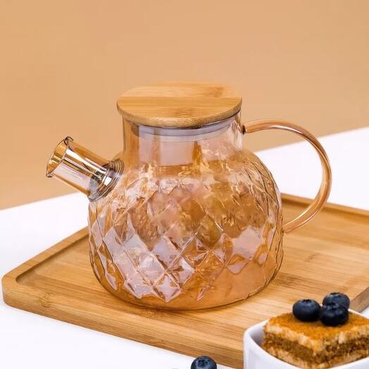 Чайник с бамбуковой крышкой и ситом стекло карамельный 1.0 л