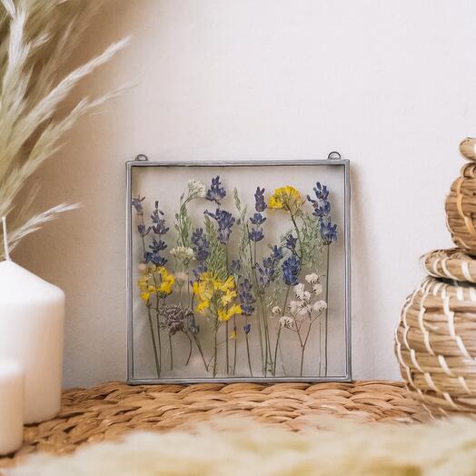 Арт. 205(серебр) Картина с лавандой и сухоцветами в стекле — душевный подарок с природным светом
