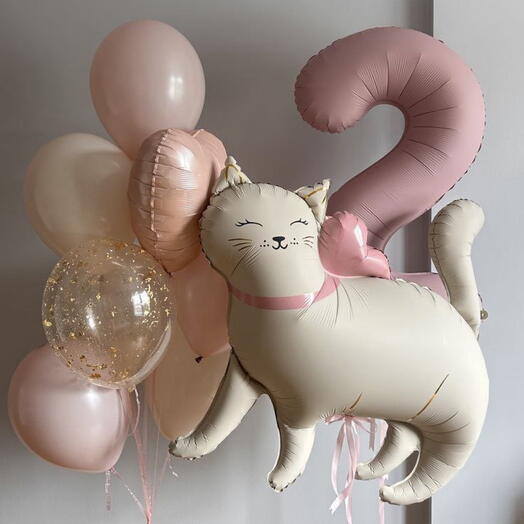 Шары, цифра, сердце и кошка