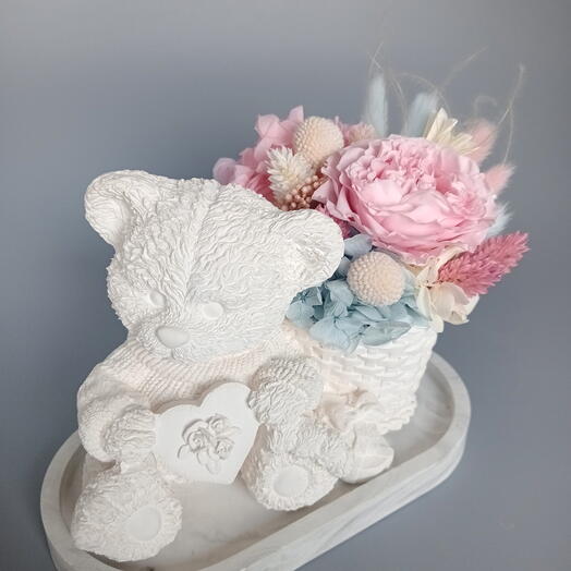 Композиция из стабилизированных цветов, букет "Мишка" , подарок любимой, девушке