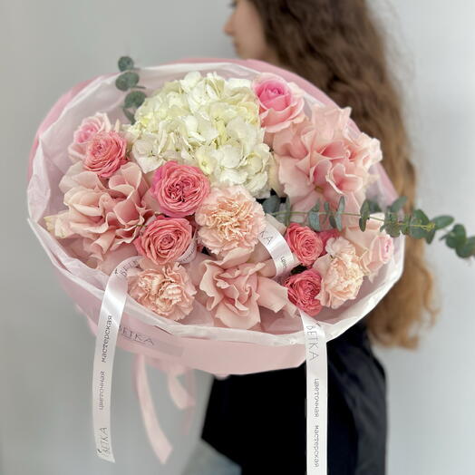 Роскошный букет НЕЖНОСТИ 🌸с розами, гортензией на 14 февраля 🩷🌸💕