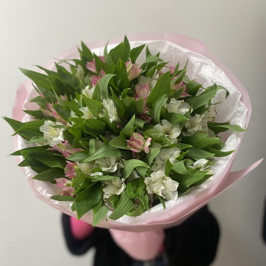 25 белых и розовых альстромерий