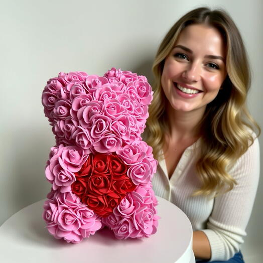 Мишка из роз фоамирана с сердцем — подарочный Rose Bear (розовый)