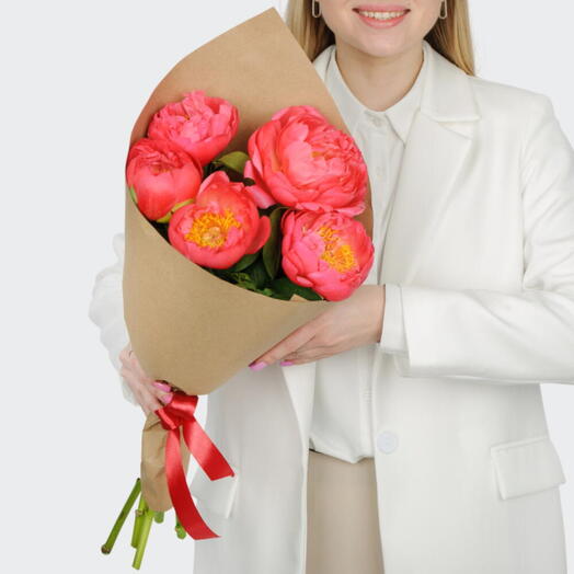 🌷🔥Букет из 5 пионов Корал сансет🌷🔥