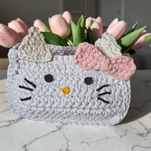 Косметичка Hello Kitty, вязаная, ручной работы