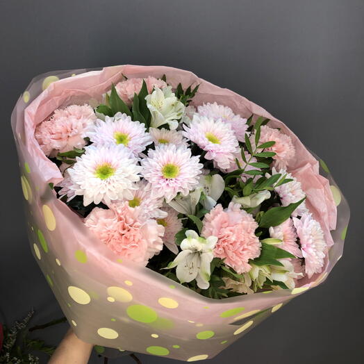 Воздушный букет с хризантемами,диантусами,альстромерией🌸☘️🌺🌸☘️🌺