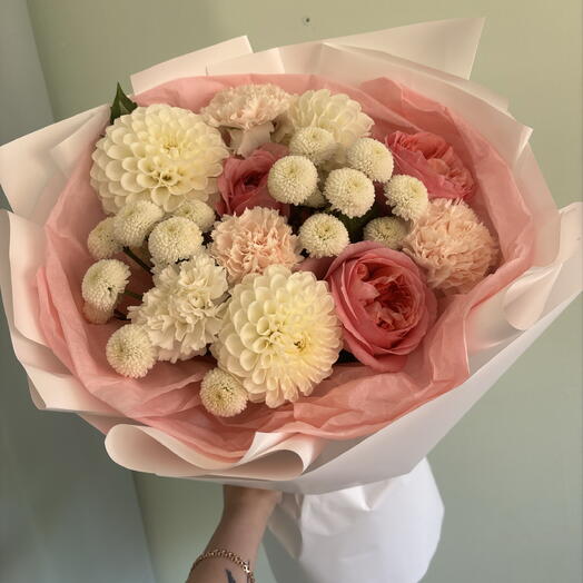 Букет для любимой из георгин/роз Пинк экспрешн/диантуса💕🥰