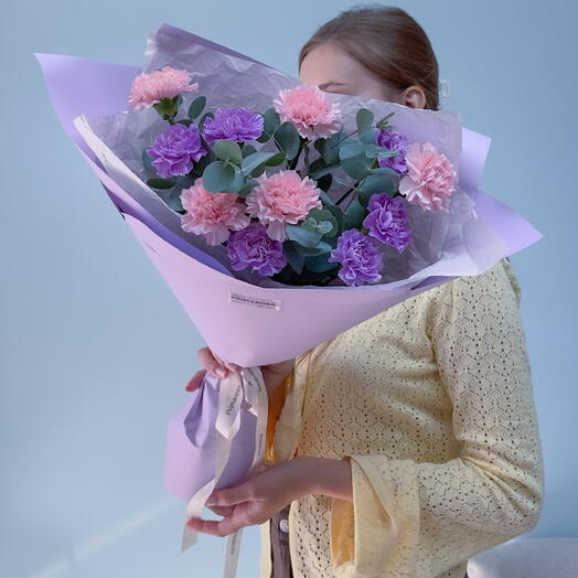 Букет из 11 диантусов микс с эвкалиптом «Лавандовый закат» 💜🌸 39915