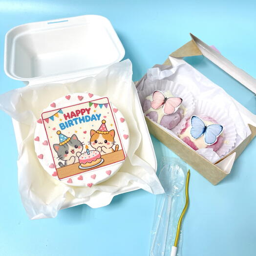 Бенто торт на день рождения happy birthday котики с 2 Моти