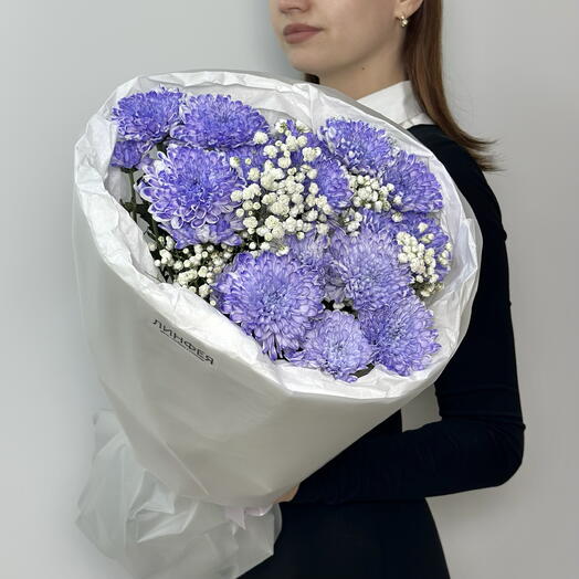 Букет из лавандовых кустовых хризантем и белой гипсофилы