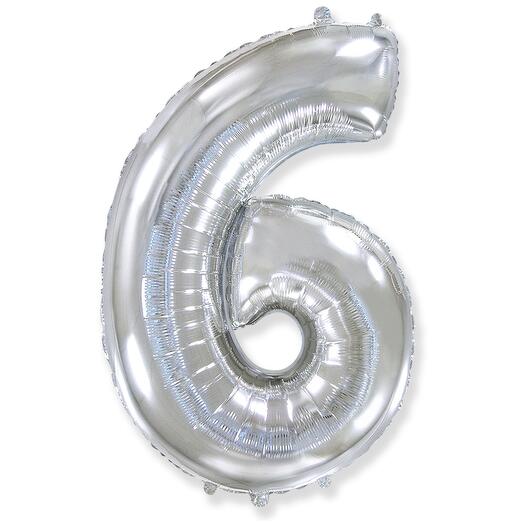 Цифра 6 Серебро огромная фольгированная 102см шарик