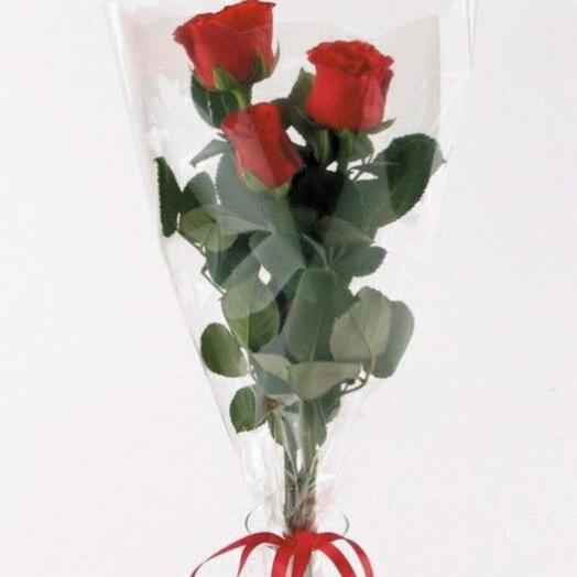 3 rosas en un paquete transparente