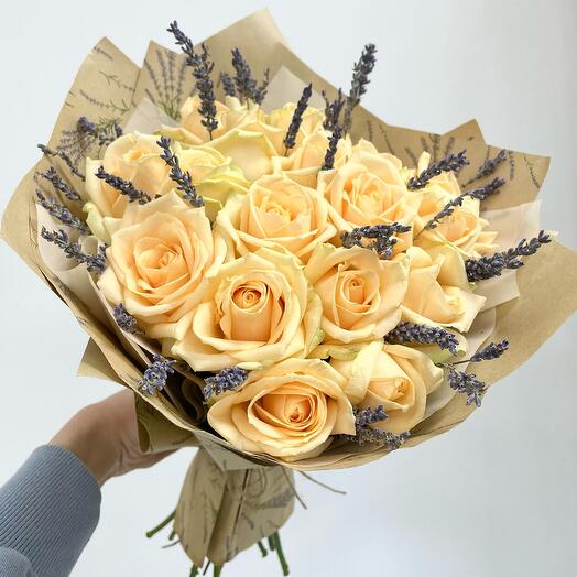 Bouquet of peach roses and lavender