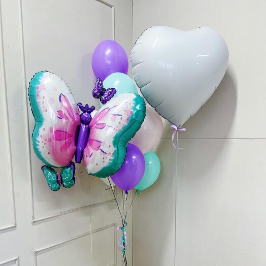 Набор шаров с гелием 8 шт в фонтане с бабочкой  и большим сердцем