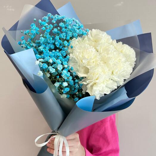 Bouquet of varietal dianthus and blue gypsophila