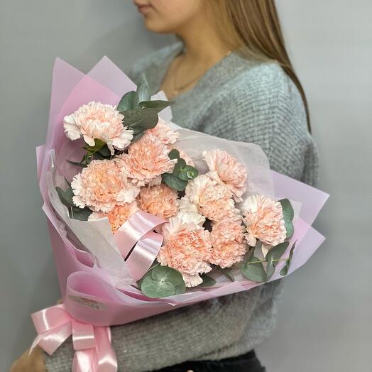 Bouquet of pink dianthuses with eucalyptus