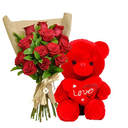 12 Red Roses Bouquet and Red Teddy Bear For Valentine