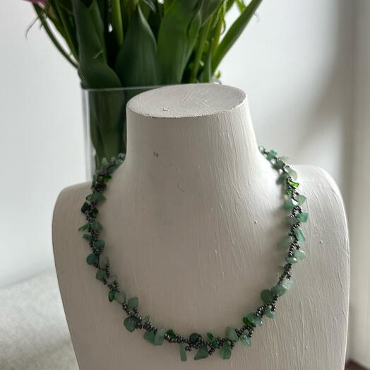 Green gemstone and gray seed beaded necklace