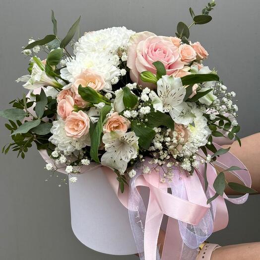 A delightful box with delicate chrysanthemum flowers combined with roses and alstroemeria