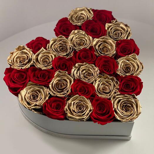 Red and Golden Roses in Heart Box
