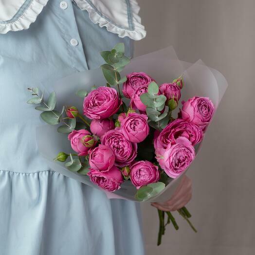 Bouquet of peony roses with eucalyptus