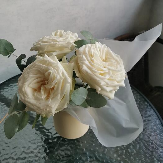 Пышная белая пионовидная роза с зеленью