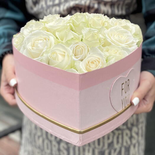 35 white roses in a pink box