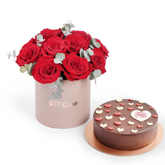 Red Roses in Box with Valentine s Chocolate Cake Combo