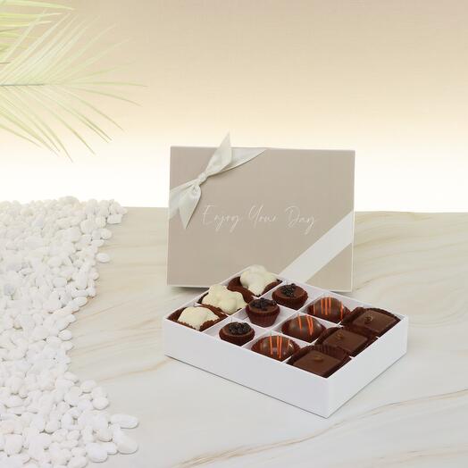 "Enjoy Your Day" 12-Piece Chocolate Gift Box – Elegant Taupe Edition