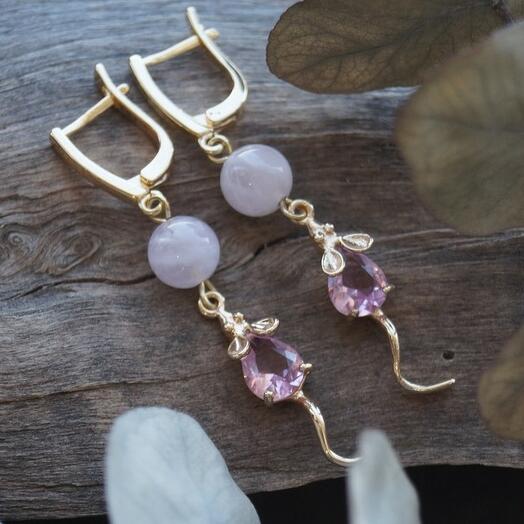 Серьги-мышки с розовым кварцем