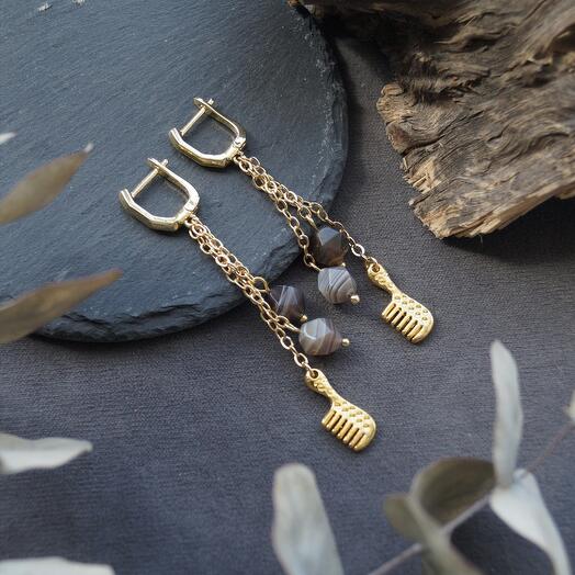 Серьги с агатами и подвесками-расческа