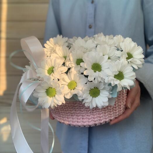 Моно букет хризантем ромашек в корзине