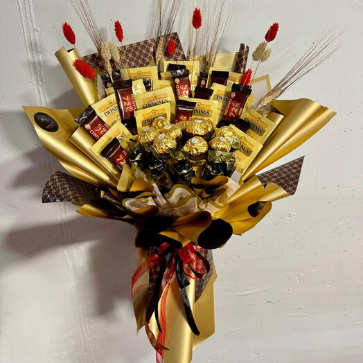 Sweet Harmony - ramo de té y chocolate negro adornado con flores secas - regalo, oficina, cumpleaños, regalo para amigas, golosinas