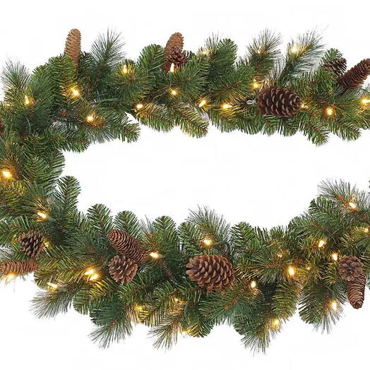 Гирлянда хвойная "Пайнридж" с шишками, зелёная, хвоя - леска+PVC, 70 тёплых