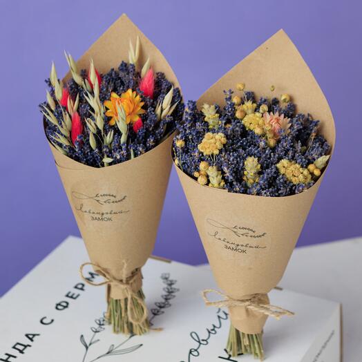 Two bouquets of lavender and dried flowers in a set