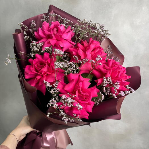 Букет французских роз Пинк флойд 5.0 с лимониумом