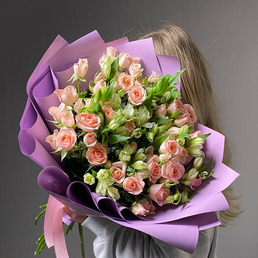 Bouquet L " Mix " rosas Rosadas y alstroemeria blanca