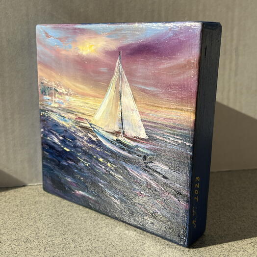 Навстречу солнцу — мини картина маслом с парусником, морской пейзаж