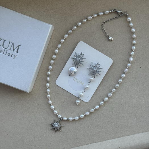 Комплект с солнцем из речного жемчуга