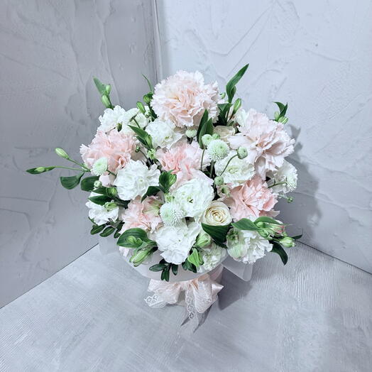 Dianthus in a box with eucalyptus
