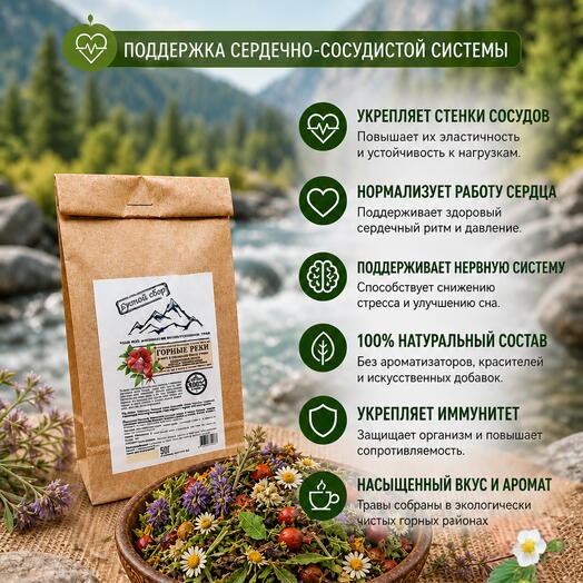 Чай из дикорастущих трав ГОРНЫЕ РЕКИ сердечно-сосудистый, 50 гр