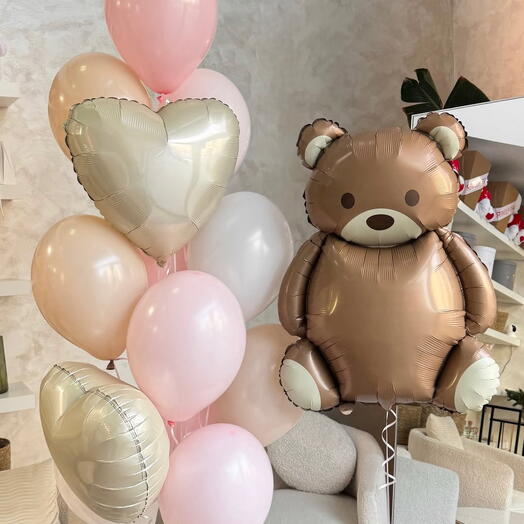 Pastel Pink   Champagne Balloon Arrangement with Large Teddy Bear