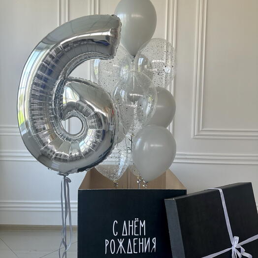 Шары с гелием на день рождения 6 лет с серебряной цифрой и конфетти 5513